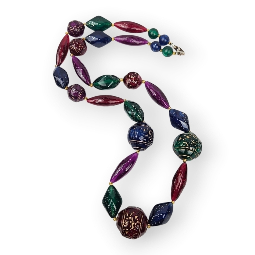 Vintage Multicolor Chunky Beaded Necklace Jewel Tone Colorful Acrylic 90s 25"